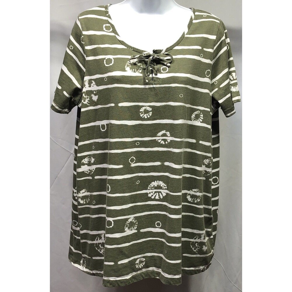 Woman Within Top M Green Stripe Geo Lace Up Scoop Neck Short Sleeve Classic Tee